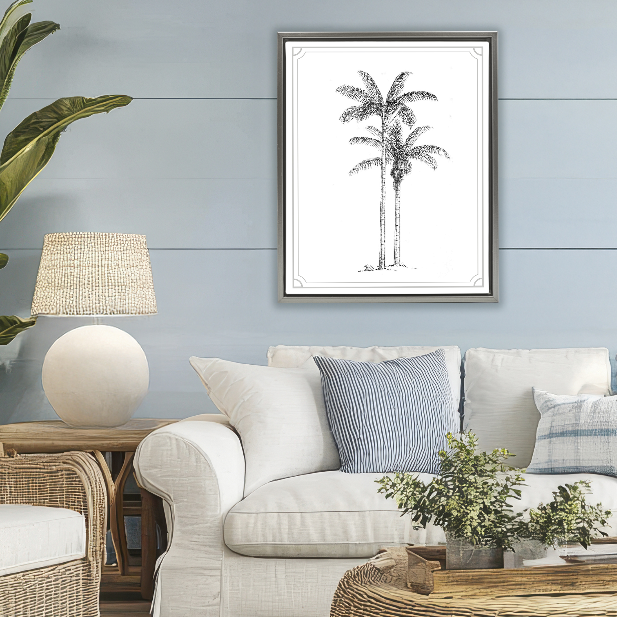 Vintage Simple Palm Tree Gray Framed Floater Canvas Wall Art, design by Lettered and Lined