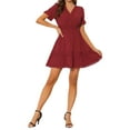thumbnail image 2 of INSPIRE CHIC Robe d'Été pour Femme Col en V Manches Bouffantes Taille Smockée Robe Courte Décontractée TG Rouge, 2 of 6