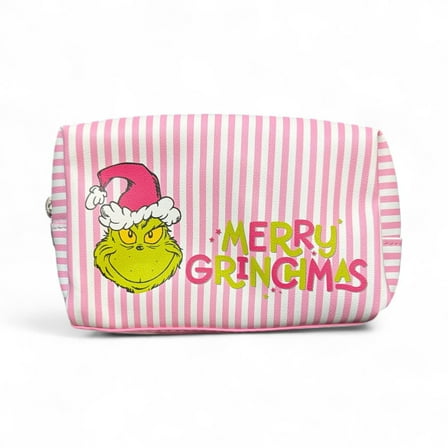Grinch Merry Grinchmas Pink Striped Cosmetic Bag by Bioworld