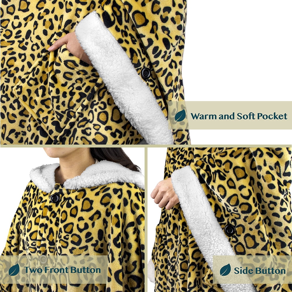 PAVILIA Sherpa Fleece Wearable Blanket for Adult Women, Cozy Plush Blanket Poncho Cape with Hood, Super Soft Shawl, Angel Wrap Throw for Office, Cheetah Yellow