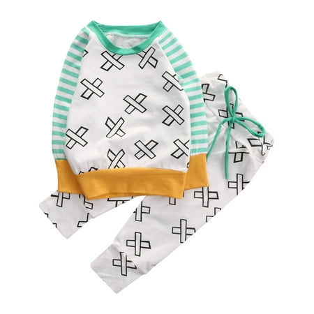 

Baby Boys Clothing Outfit Long Sleeve Cross Stripe Printed Tops+Drawstring Elastic Waist Trousers