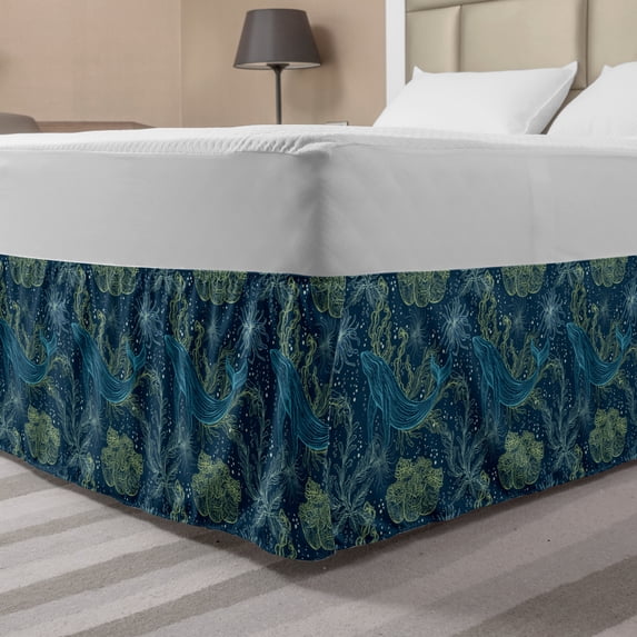 Whale Bed Skirt, Hand Drawn Marine Fauna and Flora Sketch Abstract Seaweeds and Whales, Elastic Bedskirt Dust Ruffle Wrap Around for Bedding Decor, 4 Sizes, Indigo Sea Green Blue, by Ambesonne