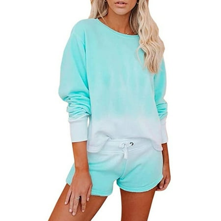 

MELDVDIB Womens Tie-Dye Long Sleeve Pajama Set Night Lounge Top Short Sleepwear Suit 2 Piece on Clearance