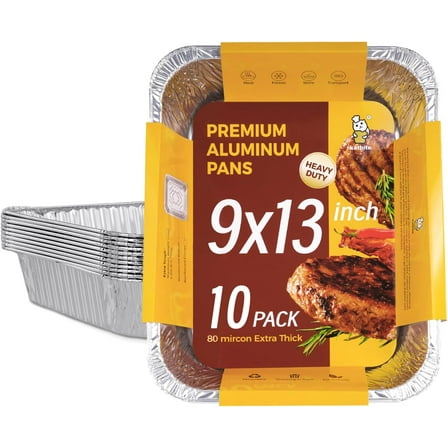 Katbite Heavy Duty 9x13 Aluminum Foil Pans, 10-Pack Disposable Baking Tray Set