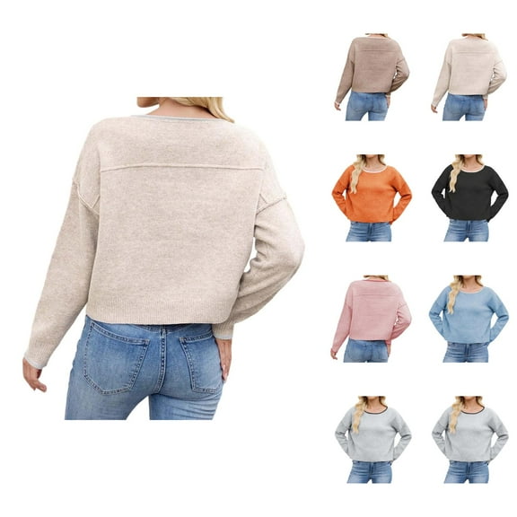 Women's Clothing Casual Long Sleeve Pullover Knit Sweaters Professional Office Outfit Women's Pullover Sweater Soft Knit Casual Loose Fit Round Neck Basic Solid Color Top For Daily Wear And Outfits