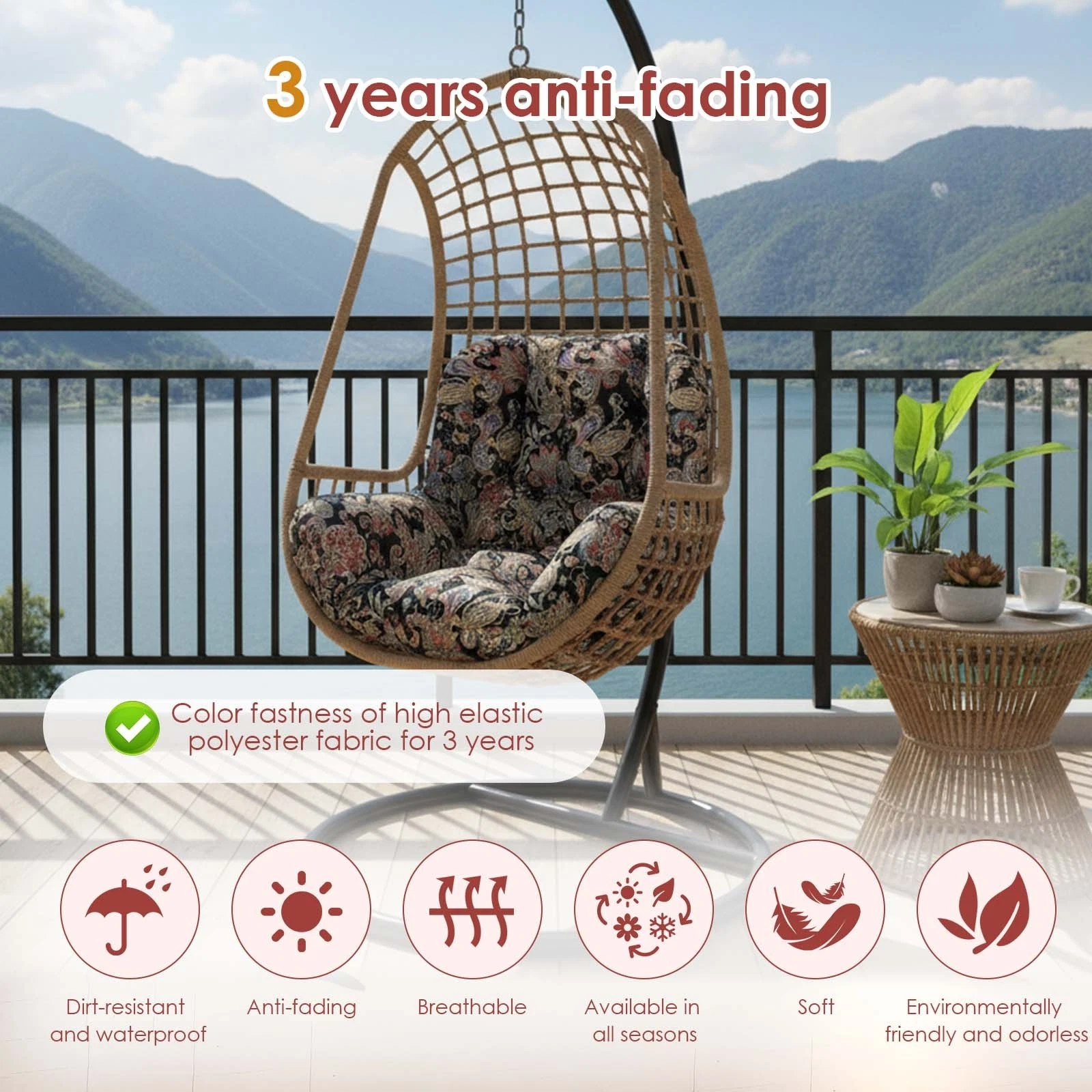 TOPCHANCES Egg Chair Cushion Only, Water-Resistant Outdoor Rocking Chair Cushion, Thick Papasan Seat Cushion with Ties for Patio, Porch, Balcony, Garden (Ethnic Style)