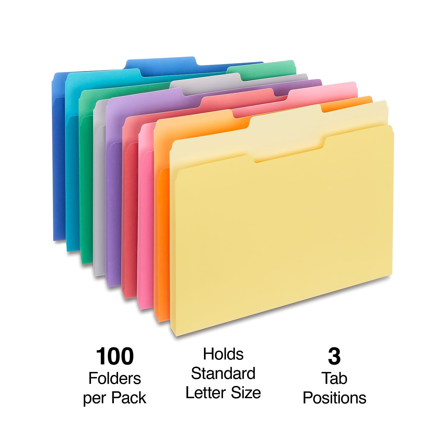 Letter Size Colored File Folder 1/3-Cut Tab 100 per Box Assorted Primary Colors 