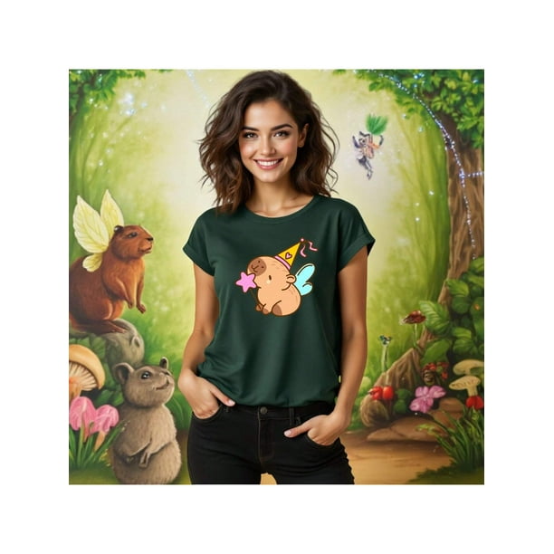 Playera CapyHada – La Capybara Más Mágica del Bosque Ropa Fashion Para Mujer Color Verde Oliva Talla Grande Marca Emil SaEs