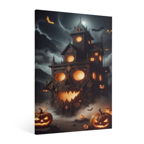 Vintage Halloween jack-o'-lantern Canvas Wall Art Painting, Horror Creepy Dark Poster, Halloween Gothic Artwork Picture Print Decor, Spooky Ghost Wall Decor for Bar Living Room Bedroom Party Framed