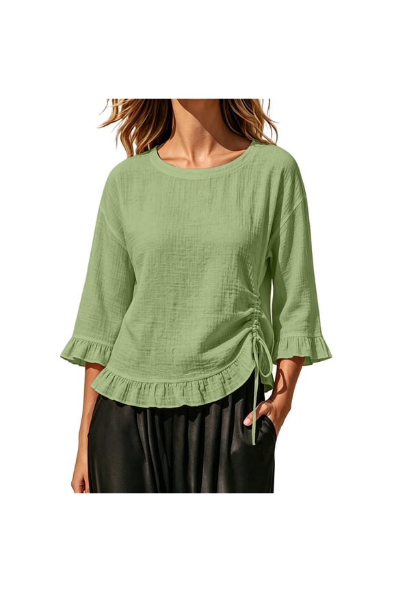 Womens 3/4 Length Sleeve Linen Tops Crew Neck Solid Color Side Drawstring Shirts Pleated Hem Casual Blouses