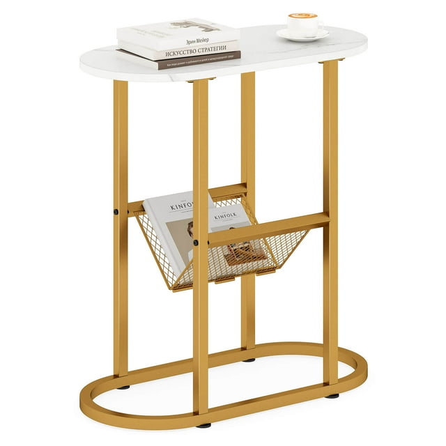 Costway Table d'Appoint avec Plateau en Faux Marbre et Porte-Revues Cadre en Métal Robuste Blanc