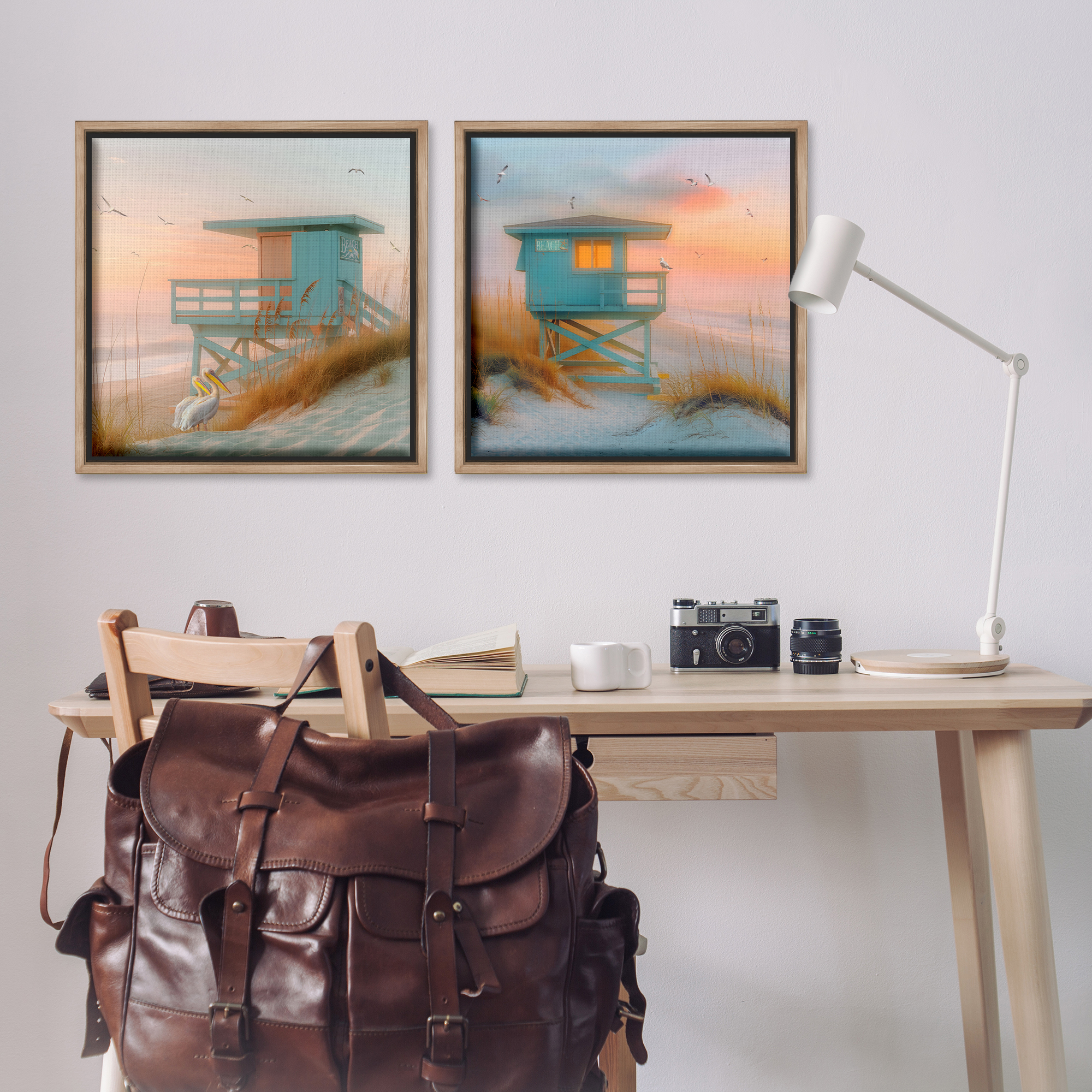 Stupell Industries Lifeguard Beach Hut Pelicans Nautical & Beach Painting Brown Floater Framed Canvas Art Print Wall Art, 25 x 25, Set of 2