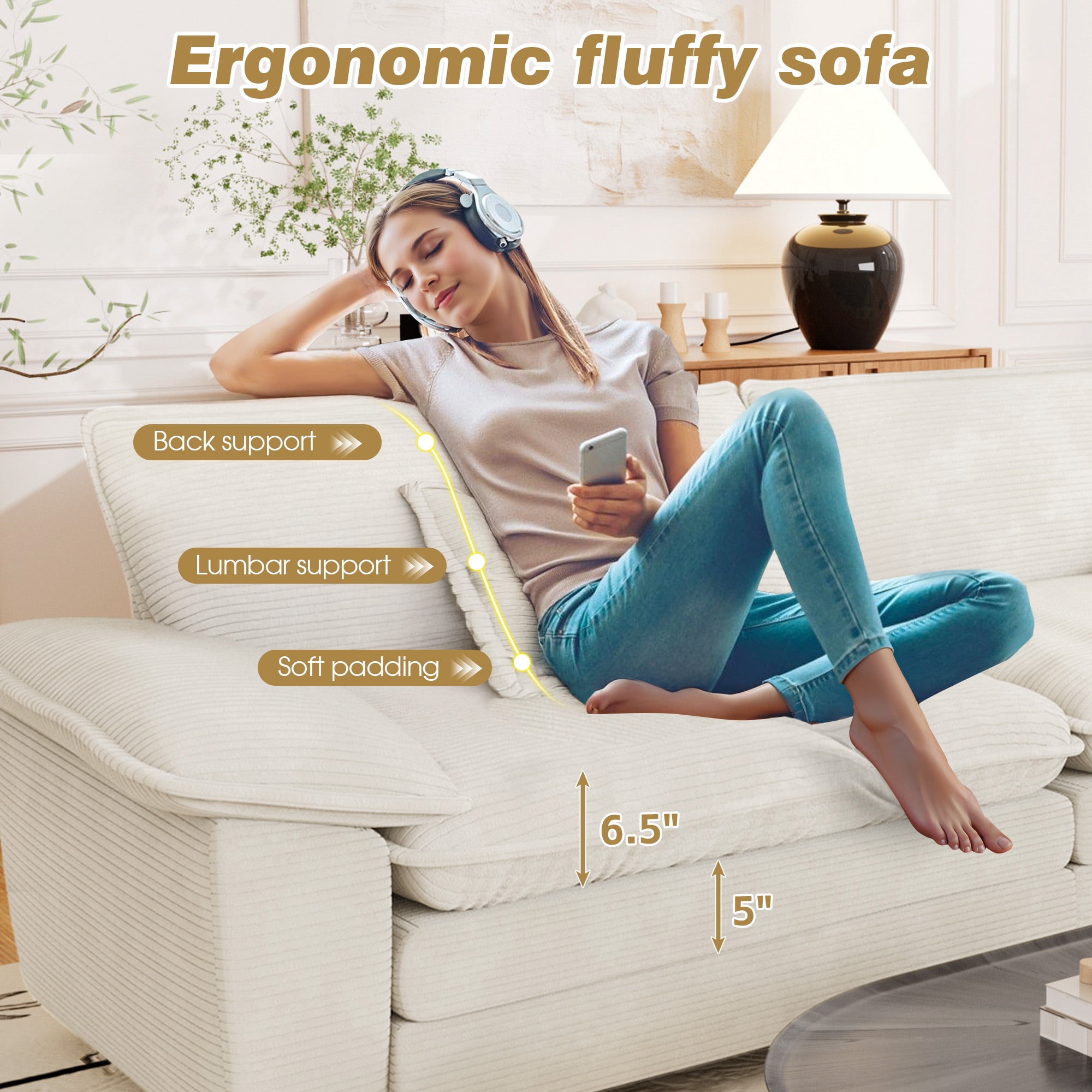 Muumblus 80.5" Corduroy Loveseat Sofa, Oversized Upholstered 2-Seater Plush Cloud Couch for Living Room/Apt, White
