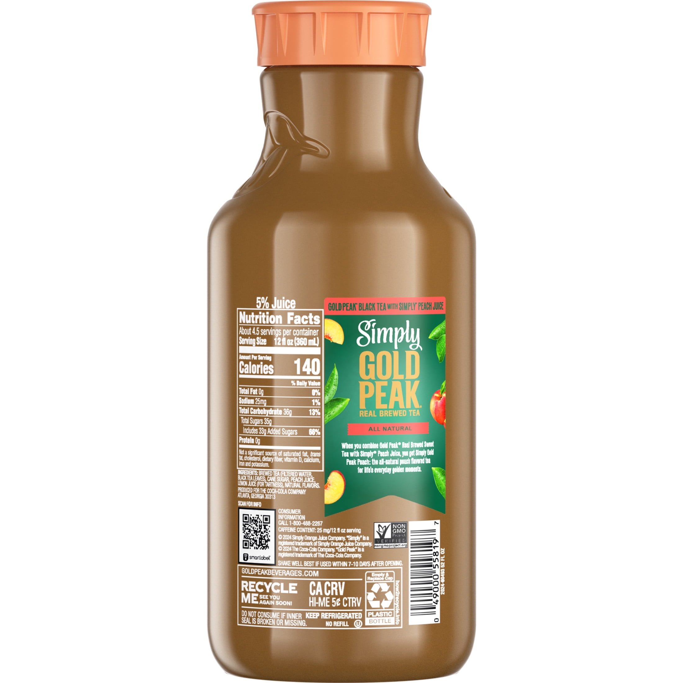 Simply Gold Peak Peach Iced Tea, Flavored Tea Bottle, 52 fl oz