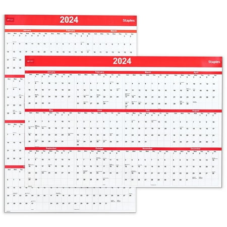 2024 Staples 48  x 32  Dry Erase Wall Calendar Red/White (ST53911-24)