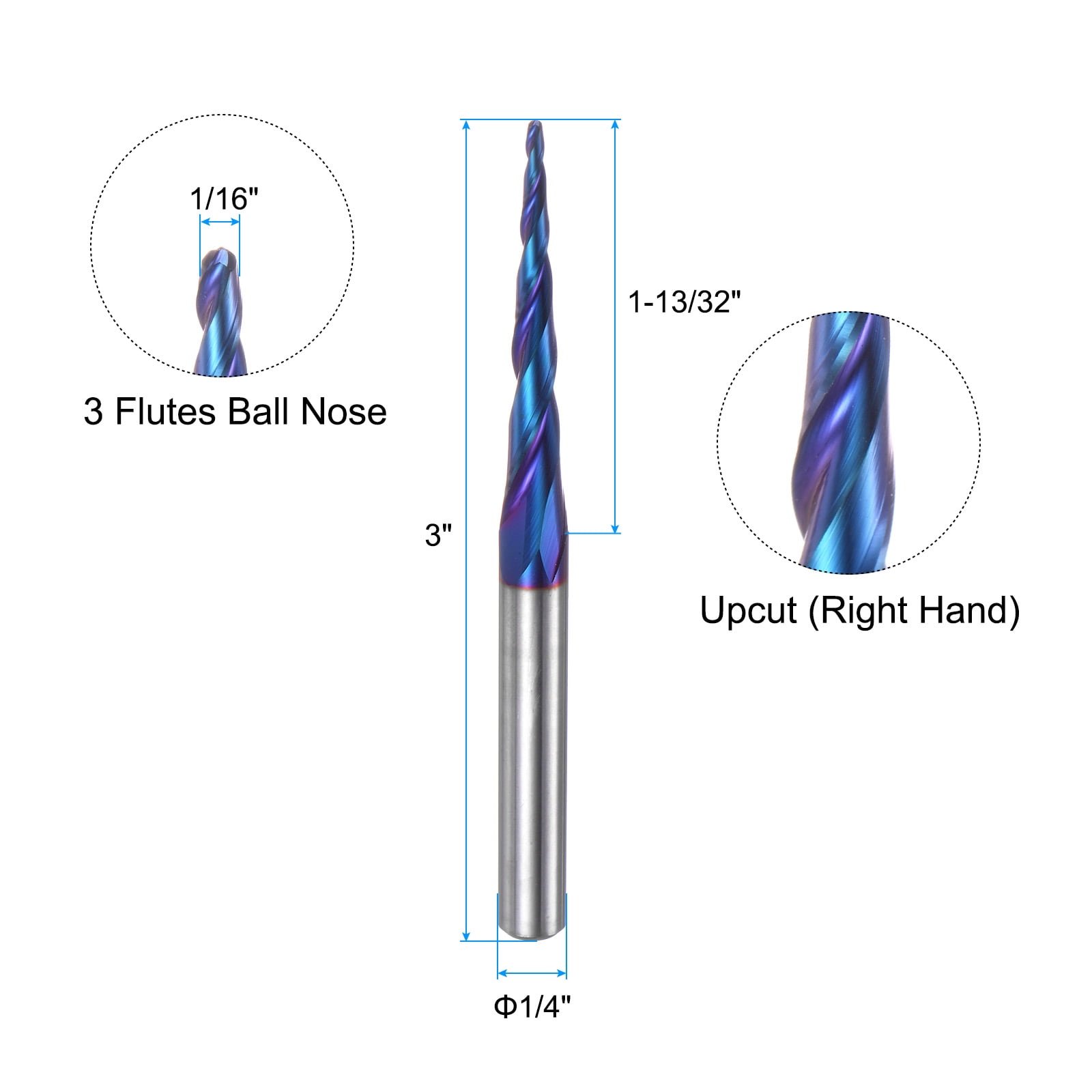 Uxcell Tapered Ball Nose End Mill 1/32" Radius 1/4" Shank Solid Carbide Nano Coated Upcut Spiral 3 Flutes