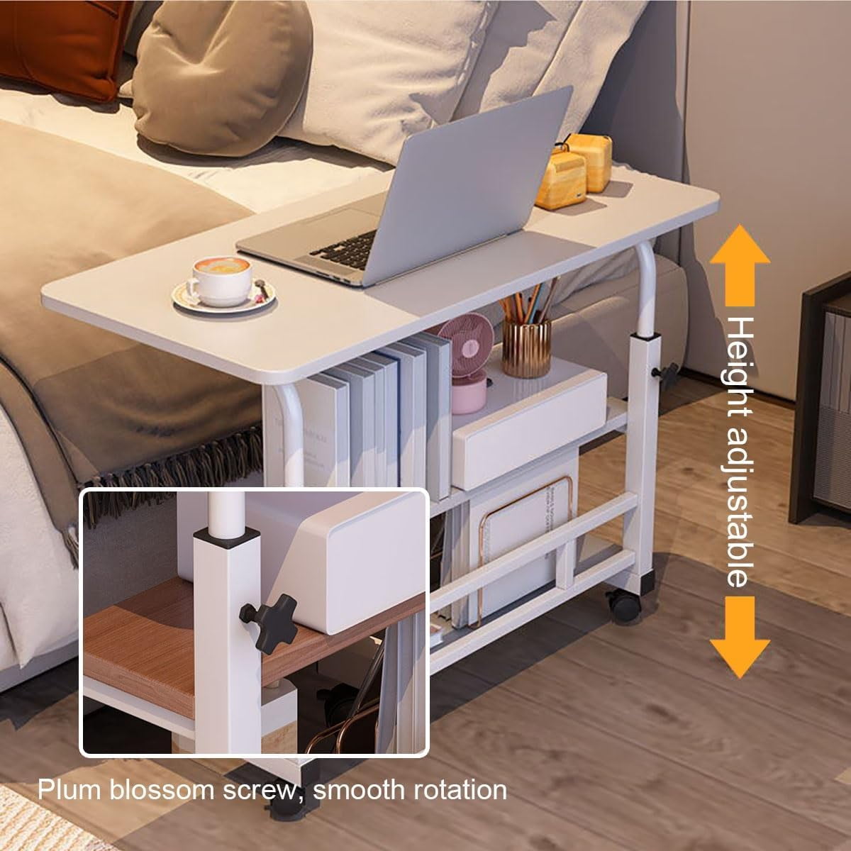 Portable Desk with Wheels Small Standing Desk on Wheels Adjustable Height Rolling Desks for Small Spaces, 32" Computer Desks with Storage Shelves for Home Office Study White