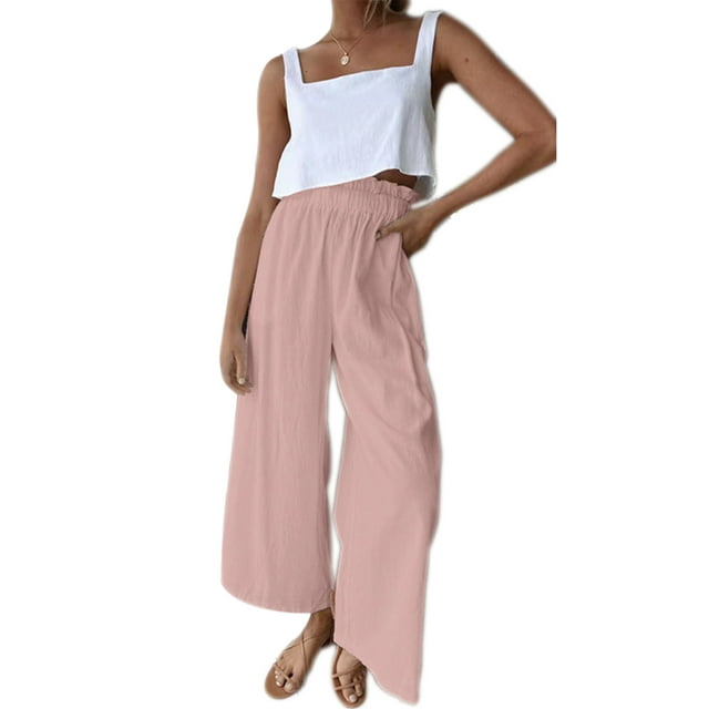VISgogo Pantalones de Pierna Ancha con Volantes para Mujer, Pantalones de Color Sólido de Cintura Alta Sueltos Casuales de Verano VISgogo moda