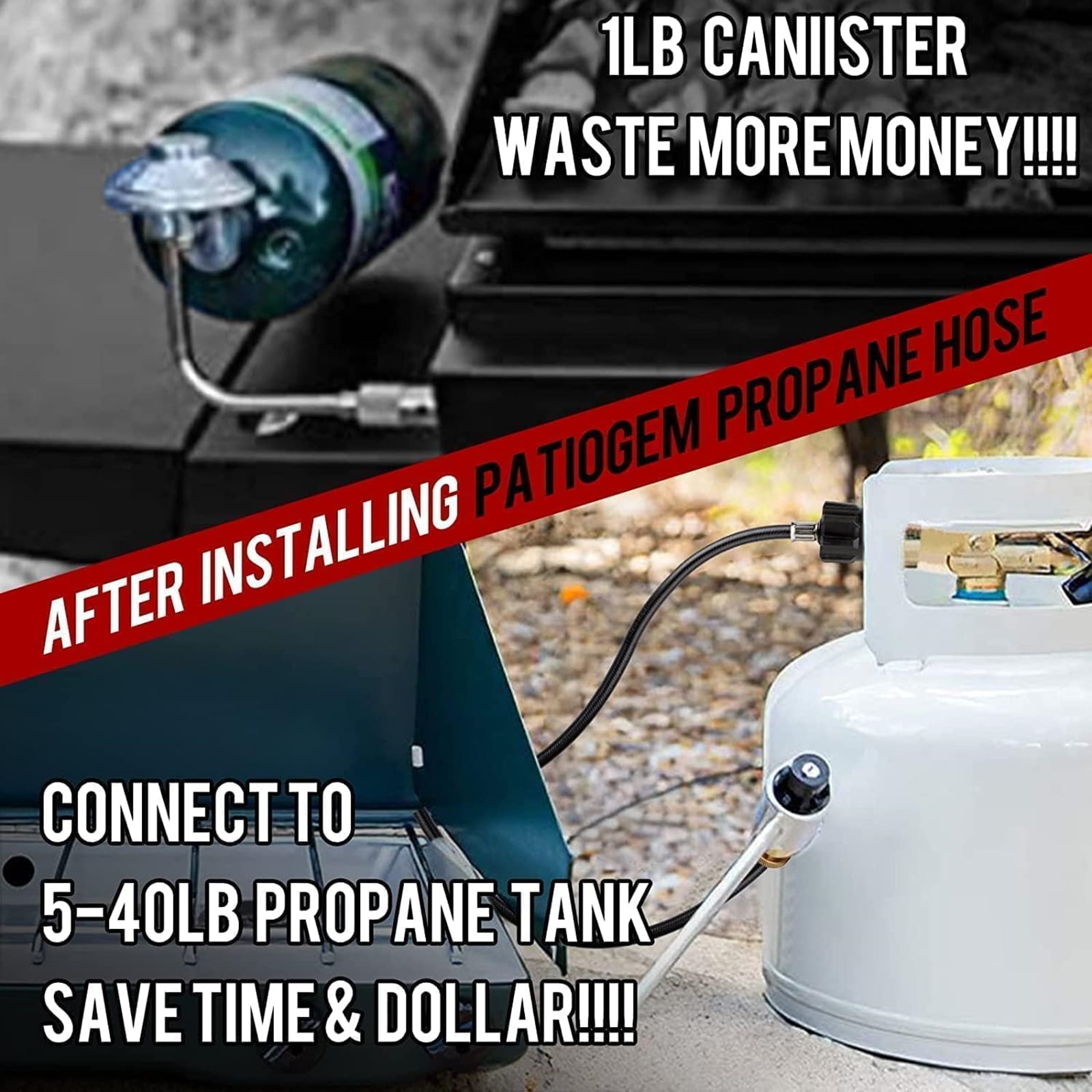 PatioGem Propane Hose, 12ft Propane Tank Hose, Propane Adapter Hose, Propane Hose Adapter 1lb to 20lb, Propane Grill Hose fit for Weber/Coleman/Blackstone Grill, Buddy Heater, Smoker, Camping Stove