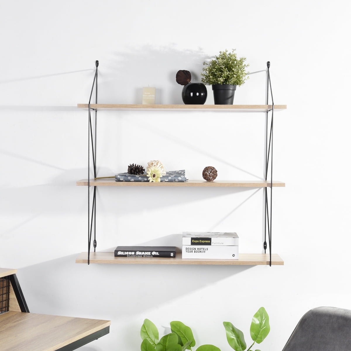 3Tier Display Wall Floating Shelf, Oak Wood Hanging Wall Storage Shelf