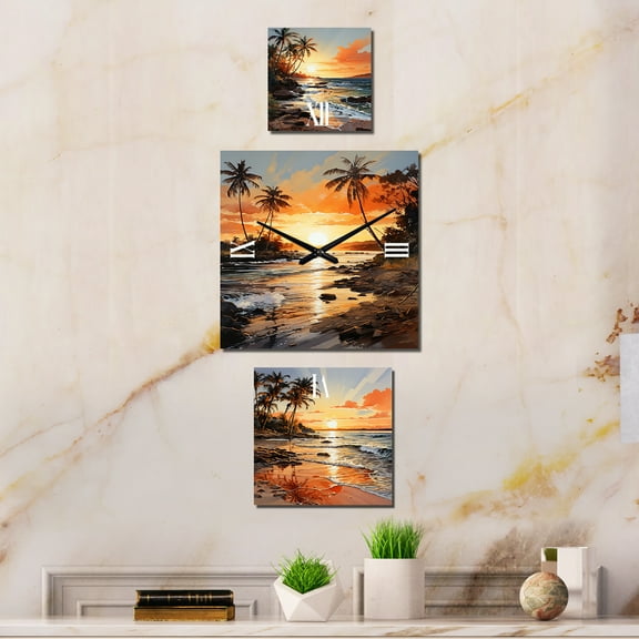 Designart "Beachside Sunset" Palms & Palm Trees & Palm Trees Extra large Clock For Office Décor - Large Traditional Wall Clock - Oversized Yellow Wall Clock - Set Of 3