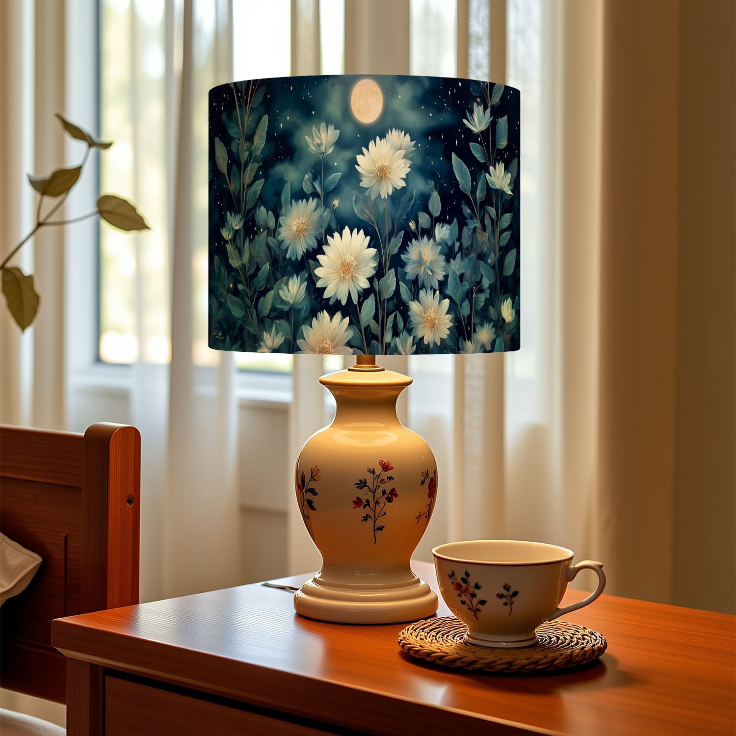 Gothic Linen Drum Lampshades Floral Garden White Flowers Against Dark Sky 13"x13"x10" Light Shade for Table Lamps Floor Lamp Shades Lampshade Replacement Assembly Required