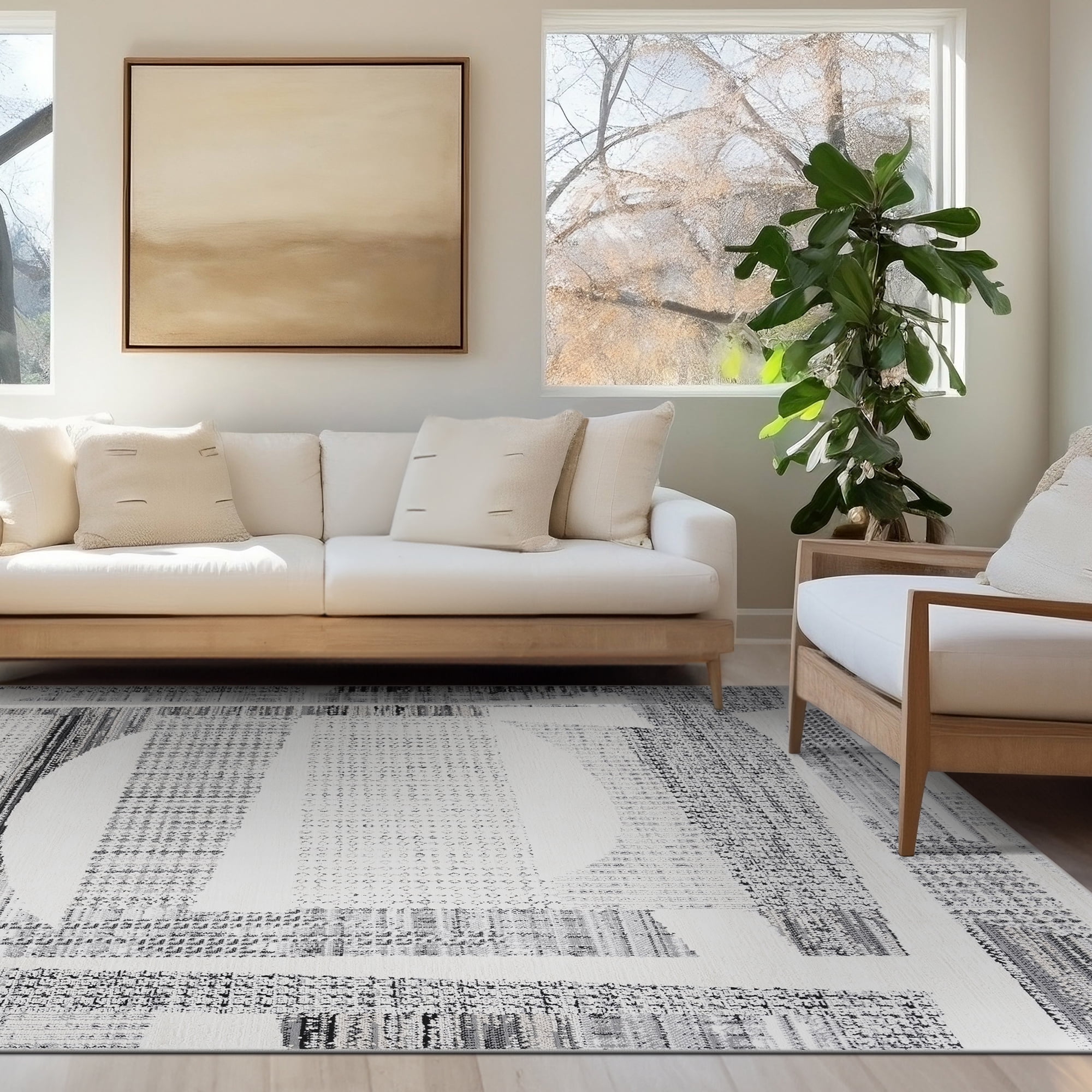 Alpha Contemporary 2' x 7' Gray and Beige Polyester Indoor Area Rug