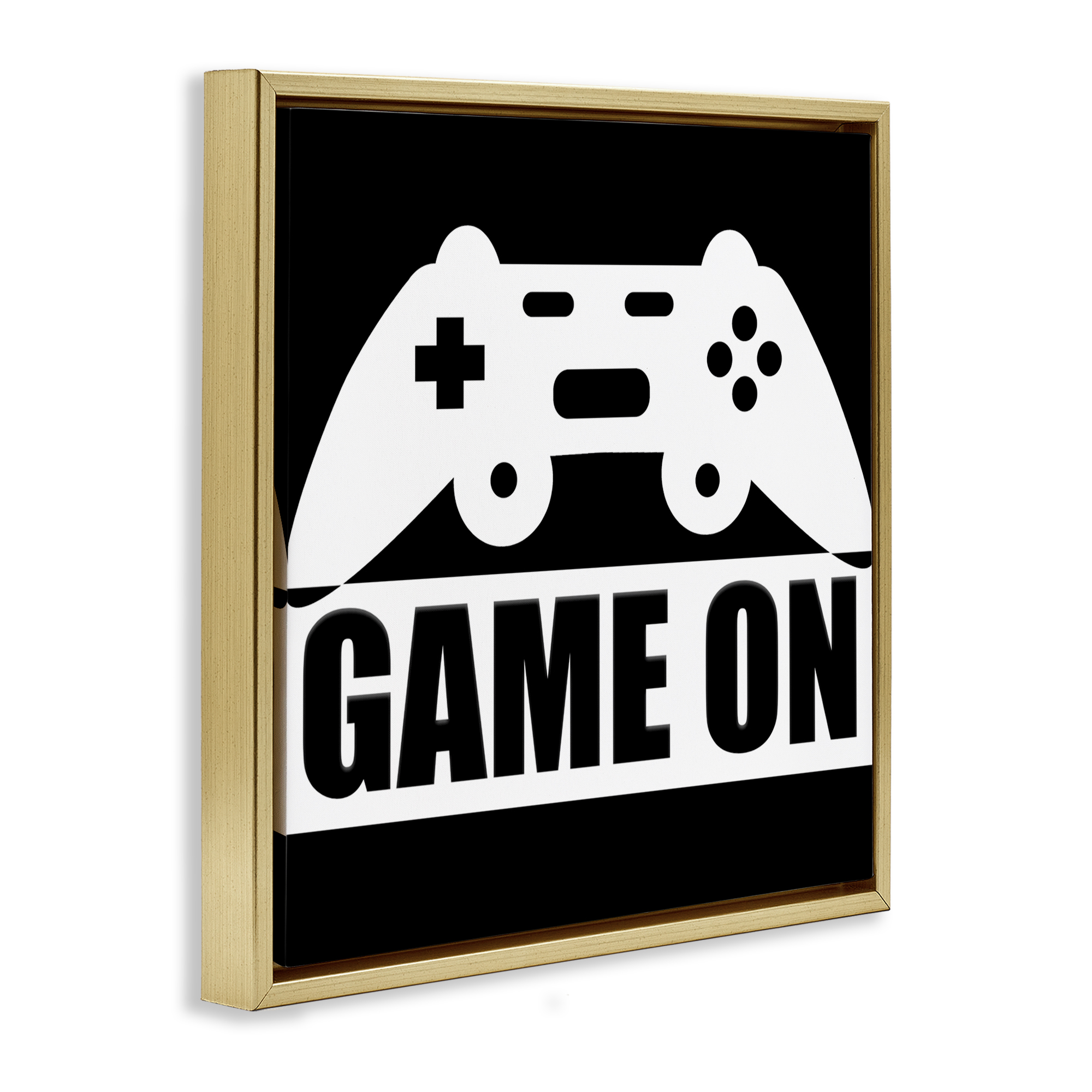 Game On Retro Black & White Gold Framed Floater Canvas Wall Art, design by Kim Allen