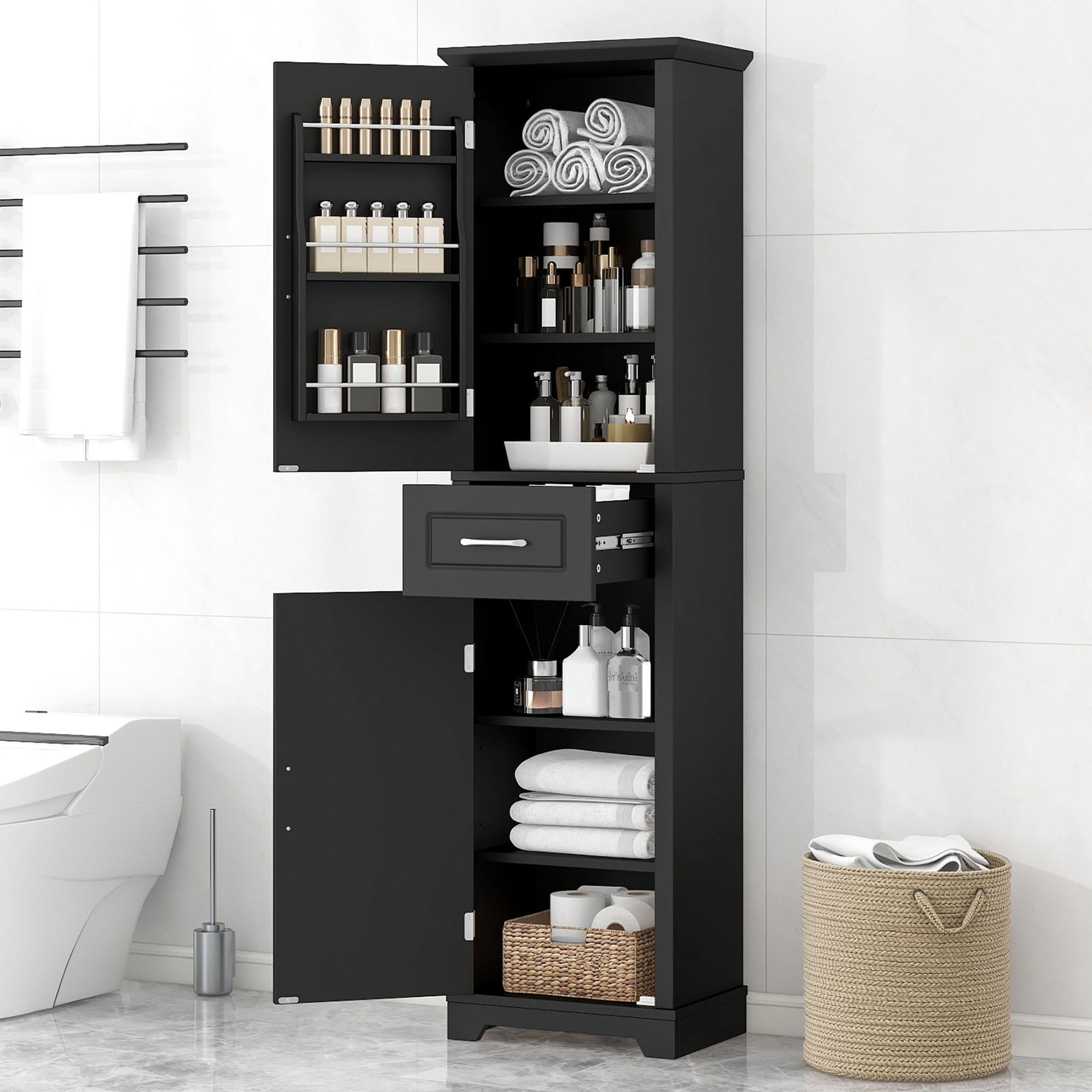 S-HOME Freestanding Black Bathroom Storage Cabinet Featuring Adjustable Shelves, Two Doors and Modern Handle Design for Easy Use