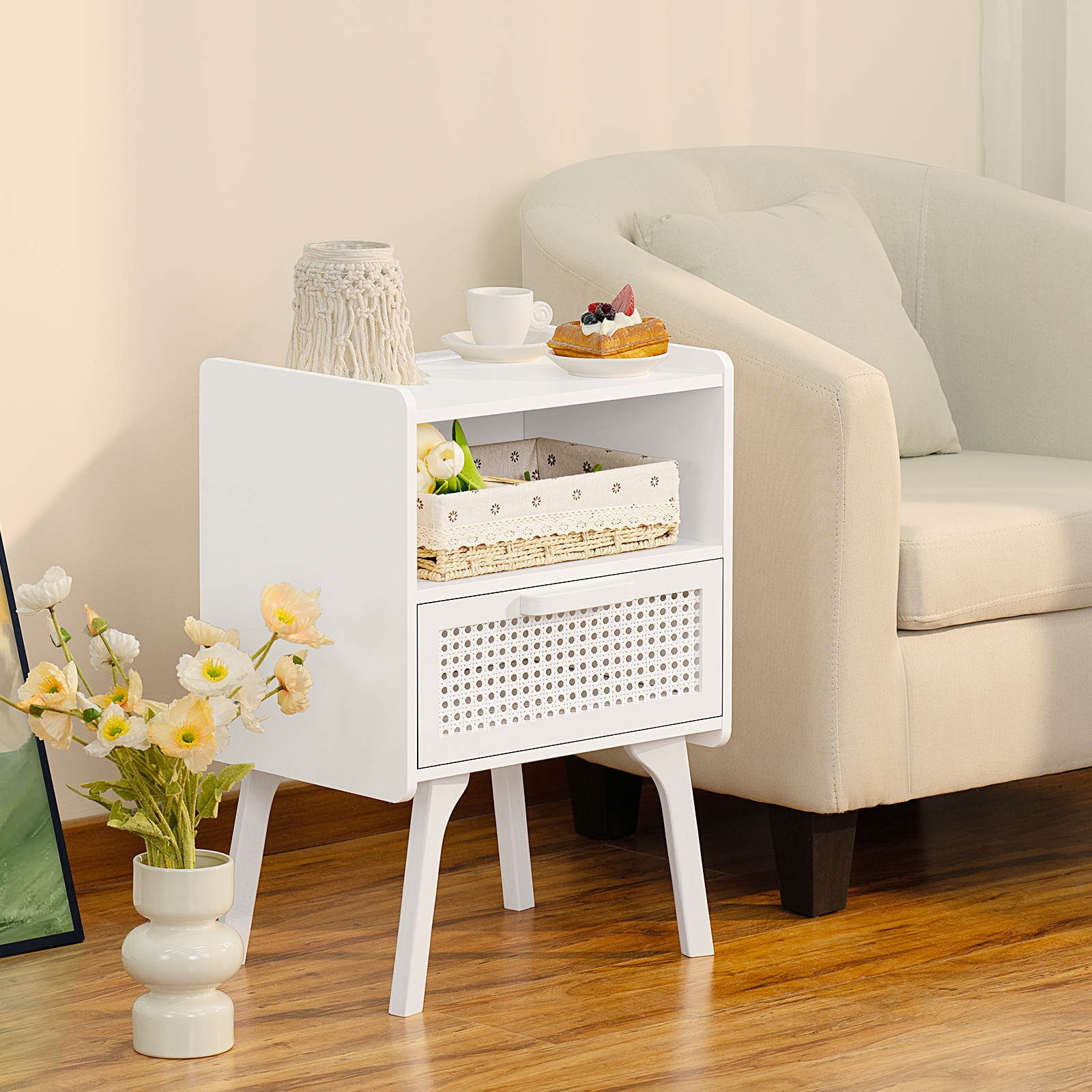 Farmhouse Nightstand with Storage Shelf & Drawer Bedside Tables End Table for Bedroom Modern Wood Side Table Living Room,White