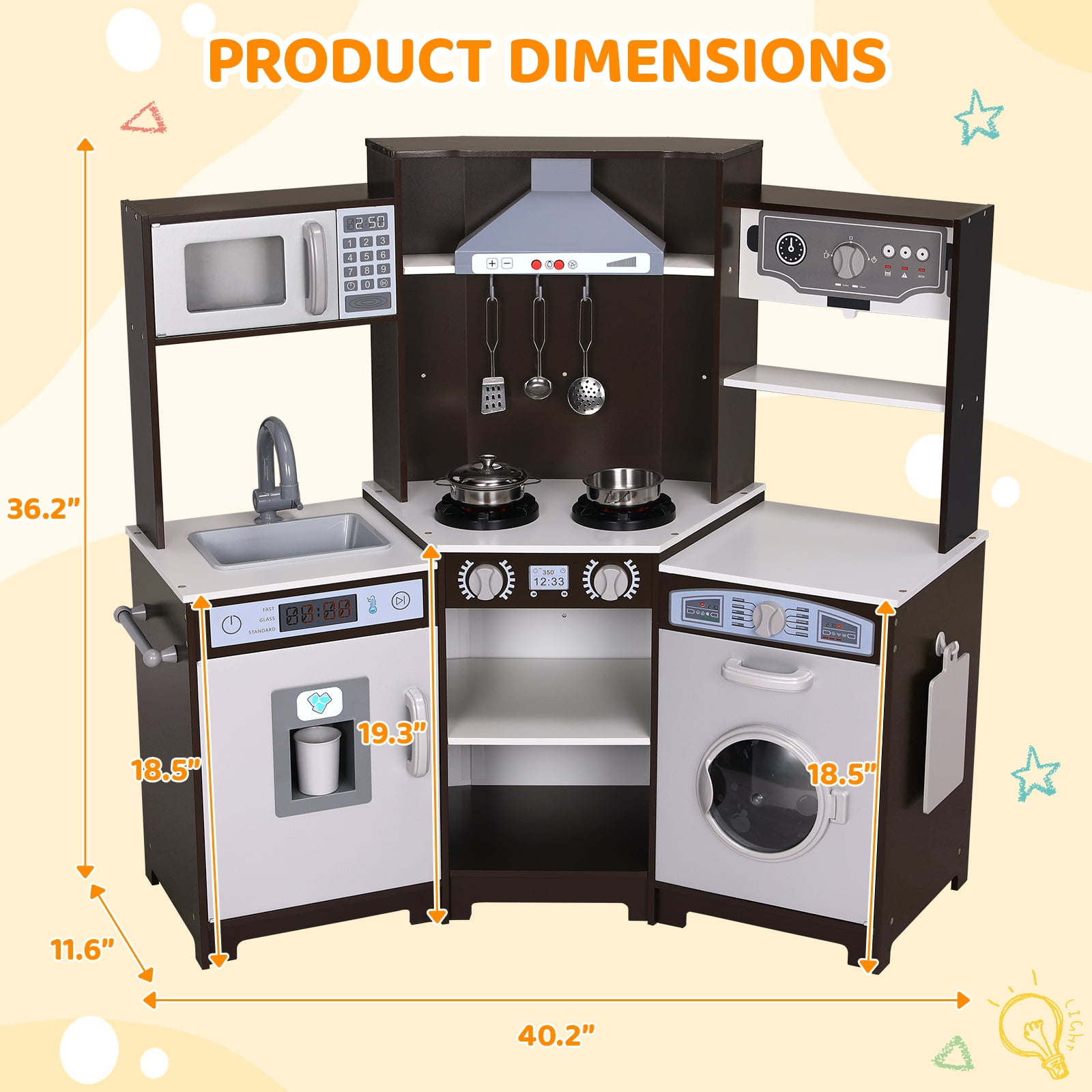 LAZY BUDDY Wooden Kids Corner Play Kitchen, Toodler Kitchen Playset Pretend Cooking Toy with 9 Accessories