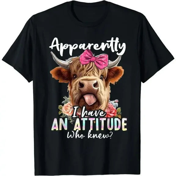 Apparently I Have An Attitude Who Knew T‑Shirt, Funny Highland Cow With Pink Bow Floral Graphic Short Sleeve Crewneck Women Tee