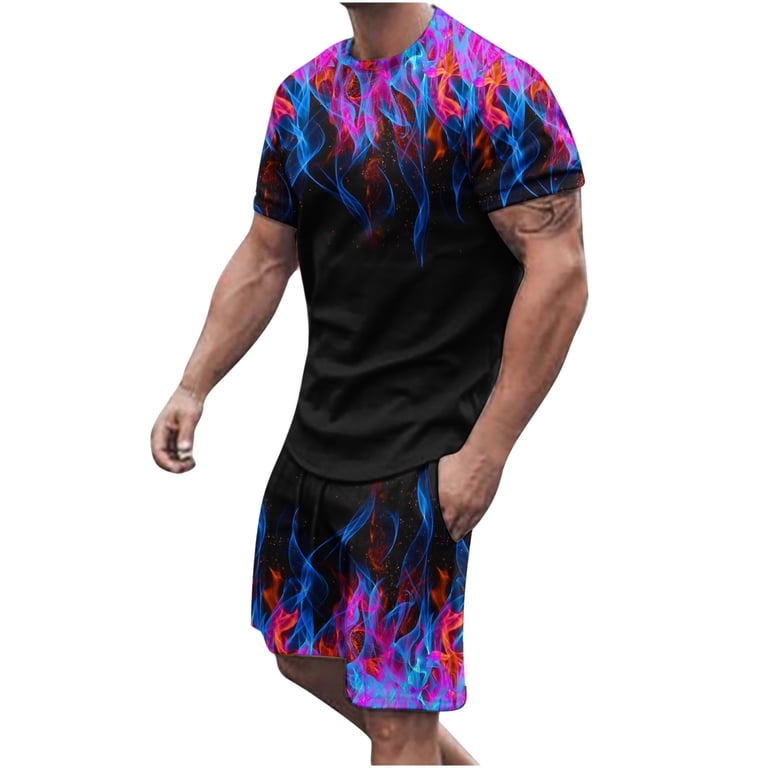 VBTAPA Men's 2 Piece Summer Outfits Realistic Flame 3D Print Short