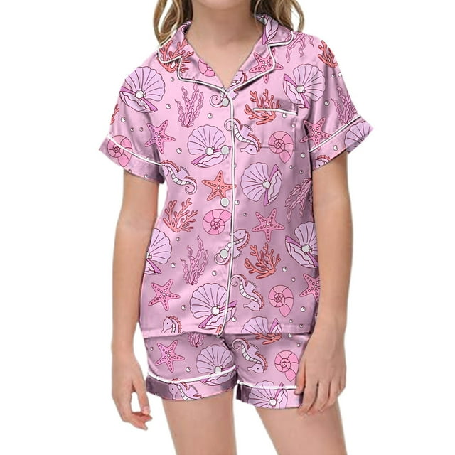 Ensemble de Pyjama en Satin pour Filles Classique avec Haut à Manches Courtes Élégant et Shorts Confortables