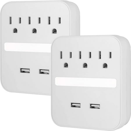GE 3-Outlet Surge Tap Wall Adapter with USB and Night Light, 440J, 2 Ports, White, 2 Pack