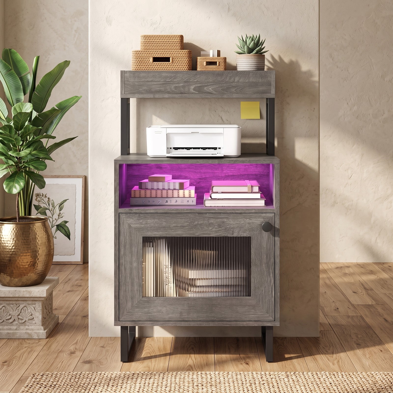 Furnibear Nightstand with LED Lights and Fluted Glass Cabinet Door plus Open Compartment and Raised Display Shelf for Bedroom and Living Room, Gray