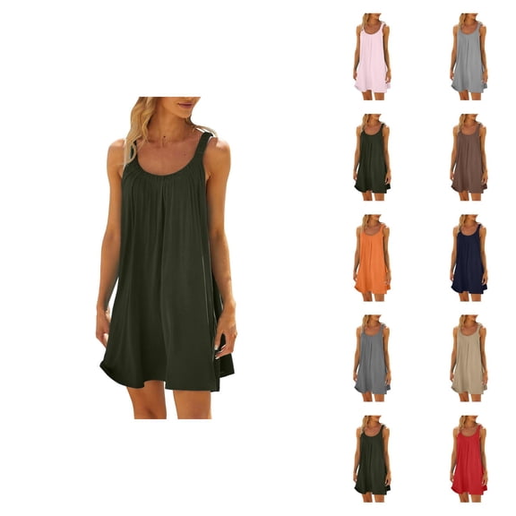 Sundresses for Women Sleeveless Scoop Neck Loose Fit Flowy Mini Dress Summer Beach Vacation Dress Swimsuit Cover Up
