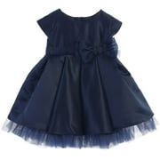 Sweet Kids Baby Girls Navy Satin Full Pleated Bow Accent Christmas Dress 6-24M