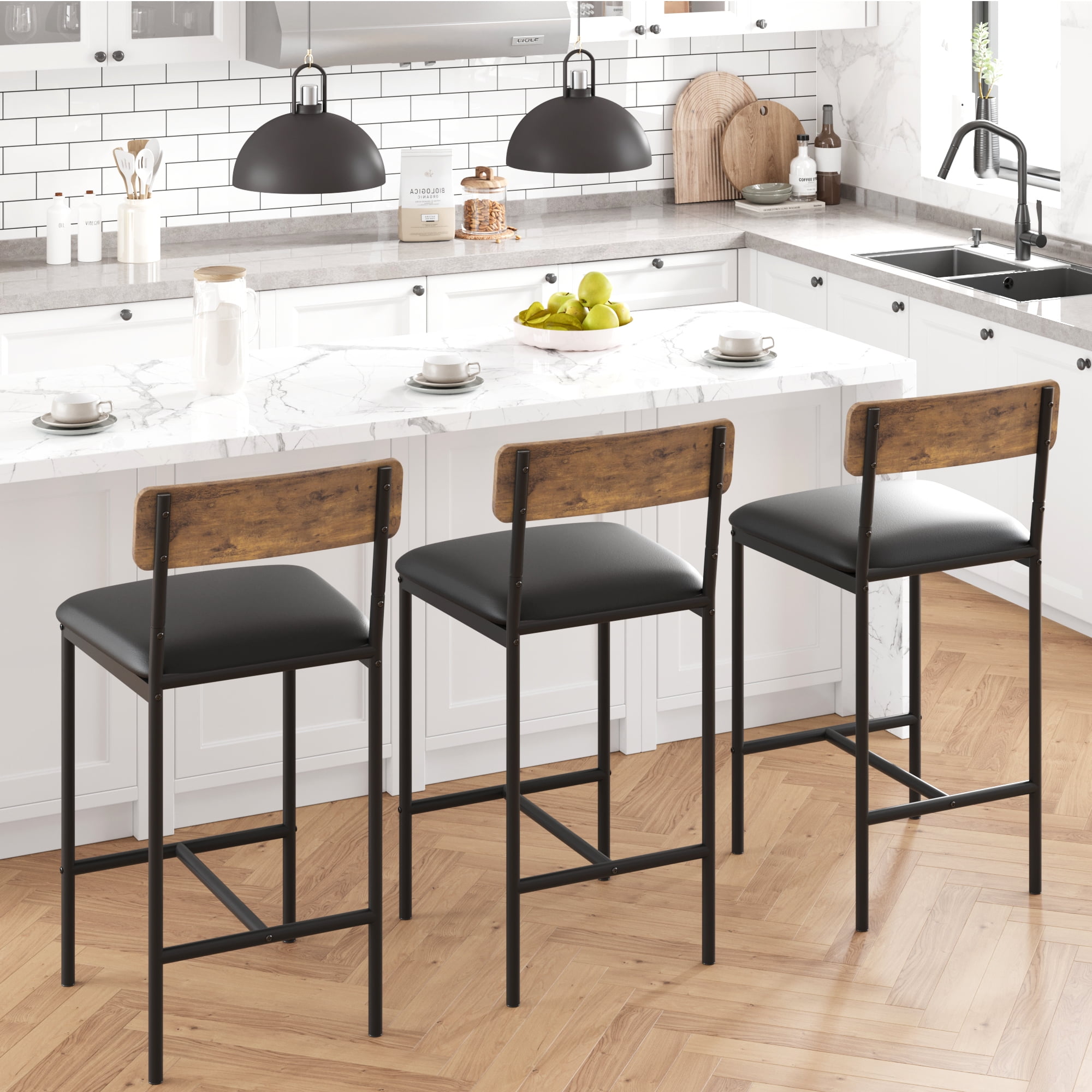 Bar Stools Set of 2, Upholstered Height Bar Stools with Backrest and Footrest, Kitchen Barstools for Island, Counter Bar, Easy Assembly, Rustic Brown