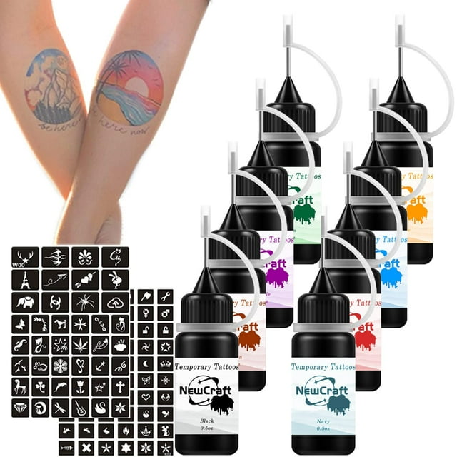 Set de tinta temporal para tatuajes NewCraft, 8 colores, con 102 plantillas
