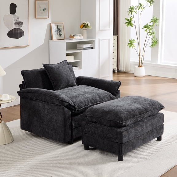 FFZ Modern Accent Chair with Ottoman and Chenille Fabric, 56.7 x 45.3 x 31.9 inch, Black