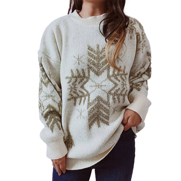 Gibobby Suéter de Punto navideño para Mujer Suéter grueso de manga larga con cuello redondo para mujer, Navidad, moda de otoño e invierno(Blanco,G)