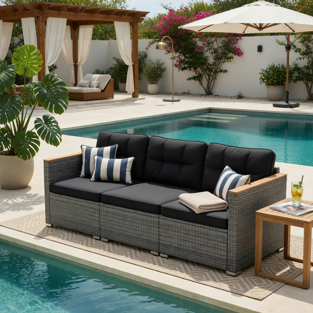 Hommoo 3-Seat PE Rattan Patio Sofa Set with Deep Seating, Removable Cushions & Acacia Wood Frame, Woven Outdoor Loveseat for Deck, Porch, Backyard, Black