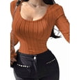 thumbnail image 3 of Women'S Long Sleeve Tops, Scoop Neck Ribbed Knit Shirt Slim Fit Pullover Sweater Casual Basic Thermal Shirt Dark Brown S, 3 of 9
