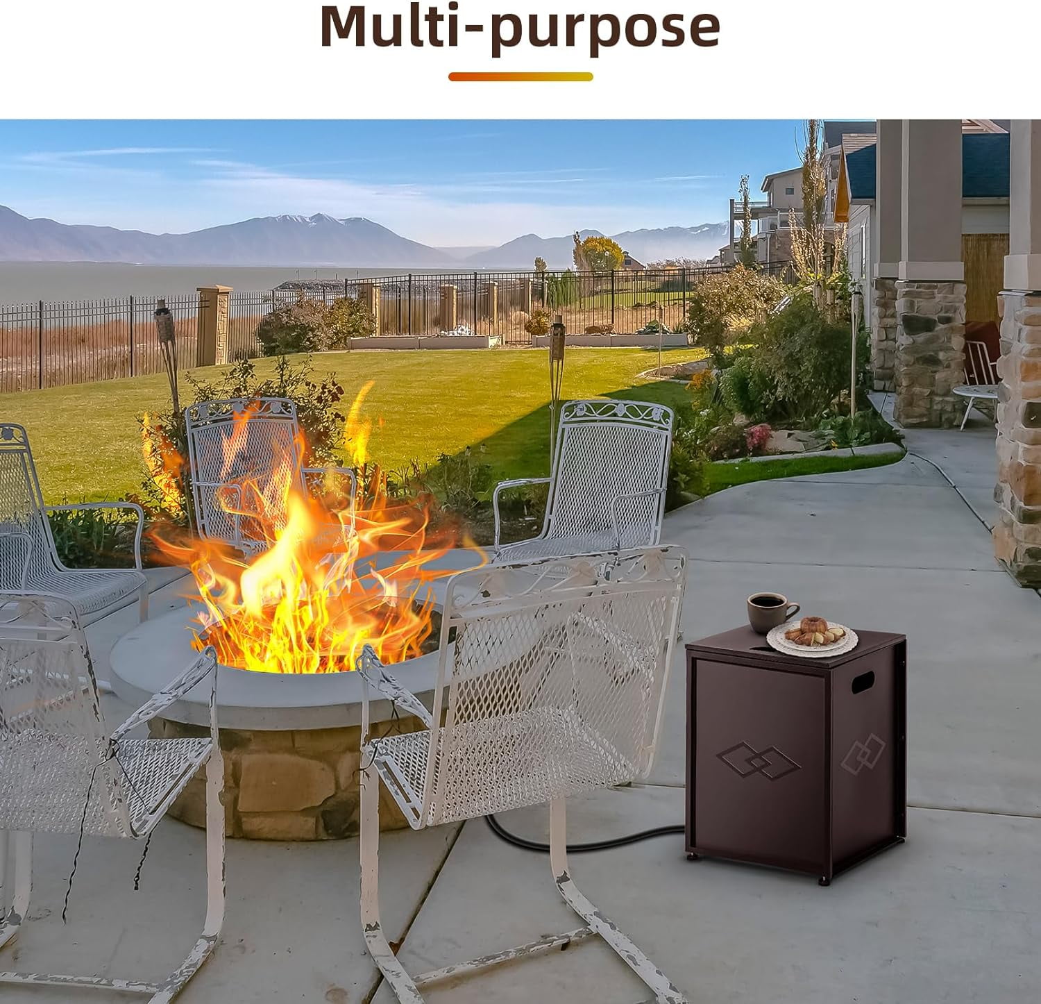 Lumiparty 16 in Propane Metal Tank Cover Table for Gas Fire Pits, Hides Any Standard 20 LB Propane Tanks, Hideaway Table with Side Handles, Brown