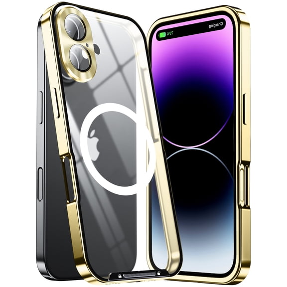 Plating Matte for iPhone 16 Case, [Drop Protection] [Anti-Fingerprint] Silky Touch Hard PC Back with Non-Slip Metal Edge, Shockproof Case for iPhone 16, Gold