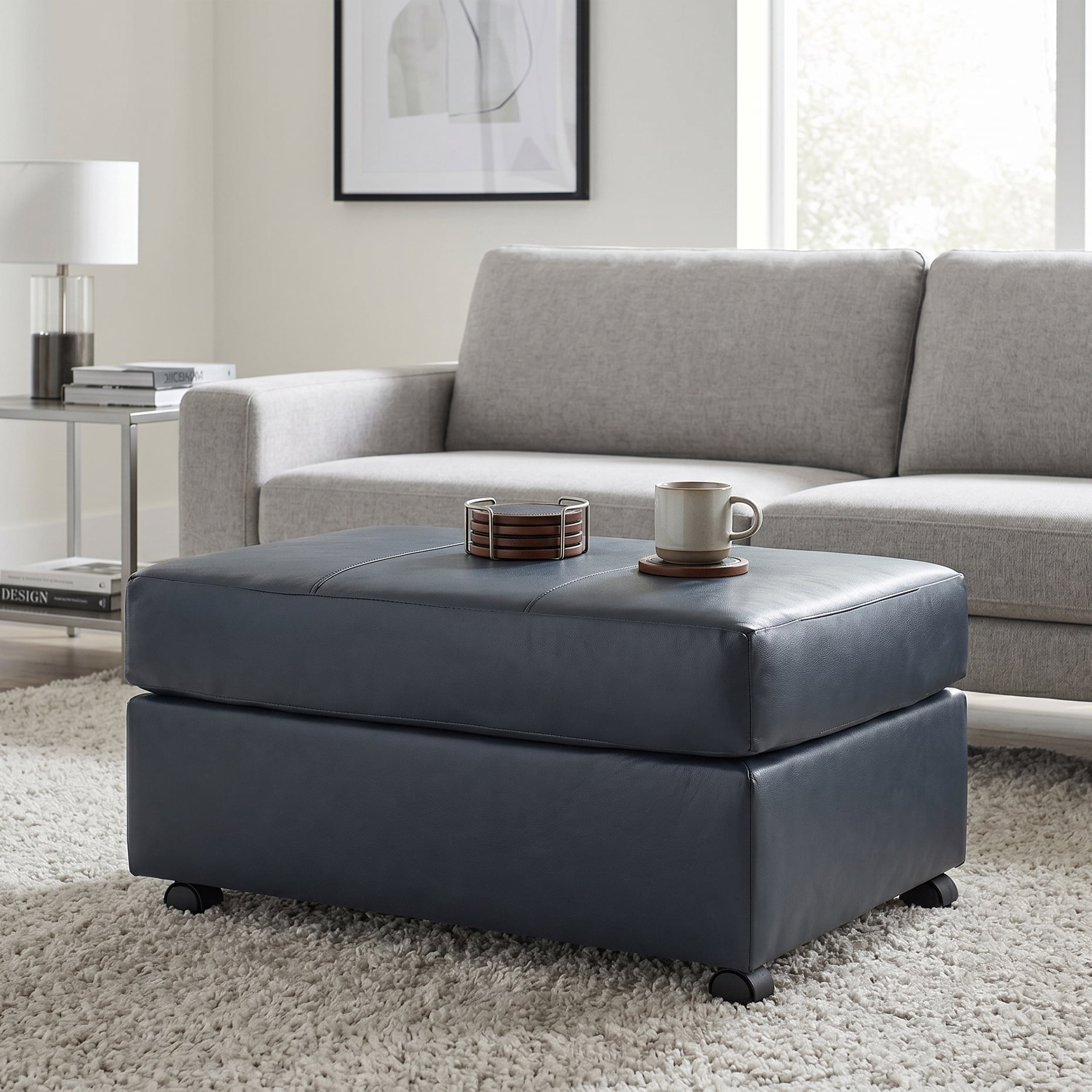 Roundhill Furniture Sakan Leather Upholstered Ottoman, Blue