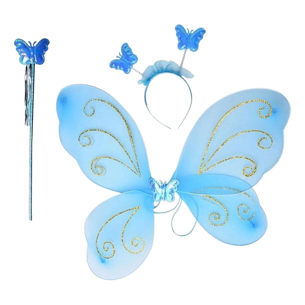 Disfraz de hada para niña, varita de ángel, alas de mariposa, diadema de mariposa para cosplay Azul