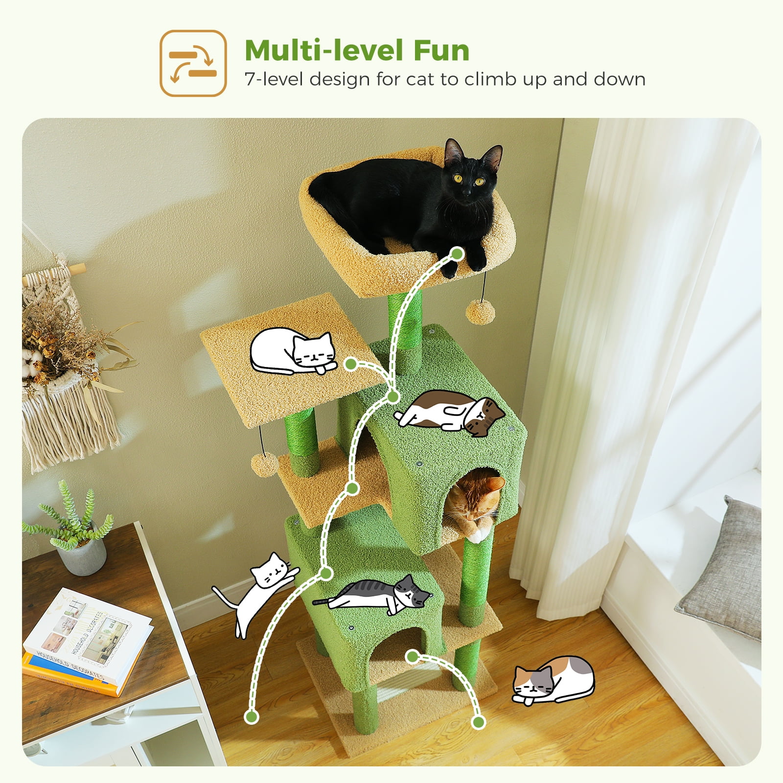 Kadyn 62" Multi-Level Cat Tree for Indoor Cats, Cat Tower with Cozy Cat Condo and Top Perch for Small&Medium Cat, Green
