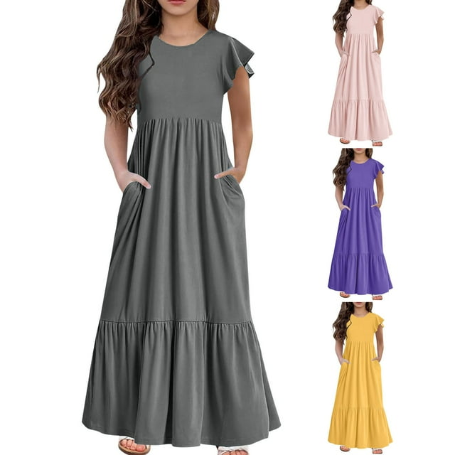 NJDVHB Économies d'Été Vacances! Robe de Plage Fille Tout-Petit, Robe de Fête Filles, Mode Filles Manches Courtes Col Rond Robe Unie, Jaune, 140
